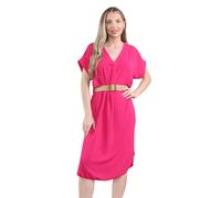 How Nice is that Womens Italian Belted V-Neck Short Sleeve Midi Dress - Fuchsia - One Size Fits UK 12-20