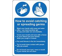 How to avoid spreading or catching germs Sign - Wash your hands - Sanitise your hands Use hand sanitiser Safety sign - 1.2mm Rigid plastic 200mmx 150mm