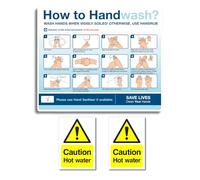 How to Wash your Hands Sign & Caution Hot water Stickers 3pcs set