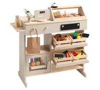 howa 47559 Wooden Grocery Shop with 40-Piece Shop Accessories, Play Cash with Toy Card Reader, Chalk Board for Chalk, Display Case, Natural - Beige