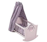 howa Wooden Doll's Cradle/Bed "Rainbow" with Canopy 23002 | Wooden doll's cradle with 2 pillows and canopy; bed for dolls up to 50 cm; light pink; mauve fabric with shiny rainbows.