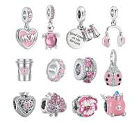 HOWAB 12PCS Charms for Pandora Bracelet: Pink and Silver Charms for Jewellery Making, Personalised Bracelet, Pendants Beads Gifts for Mom Sister Friend Teen Family, Spacer Beads for DIY Crafting
