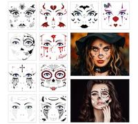 HOWAF 10 Halloween Face Tattoo Stickers, Day of The Dead Face Tattoo, Spider Bat Devil Clown Scar Temporary Tattoos for Halloween Costumes Makeup, A