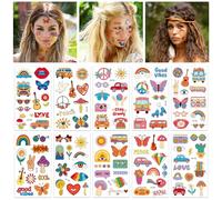 HOWAF 10 PCS Hippie Temporary Tattoo, 60s 70s Party Decorations Waterproof Fake Tattoos Stickers Peace Sign Retro Flower Groovy Party Hippy Tattoos for Kids Adult Hippie Accessories Party Bag Filler
