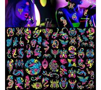 HOWAF 10 Sheet Neon Temporary Tattoos - Glow In The Dark Tattoos - Spiders, Dragon Designs for Kids & Adults Face & Body Art