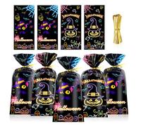 HOWAF 100pcs Neon Halloween Goodie Bags, Happy Halloween Cellophane Bags with Bat Spider Web Pumpkins Black Cat for Hallows' Eve Party Supplies, Hallows' Eve Gift Bag Goodie Bag with Twist Ties