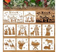HOWAF 10PCS Nativity Set Stencil, Merry Christmas Stencils for Crafts Plastic Reusable Christmas Window Stencils for Snow Spray Nativity Scene for DIY Painting Windows Wall Xmas Decorations