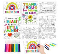 HOWAF 12 Colouring Thank You Teacher Cards with Envelopes Stickers Brush Pens, DIY Thank You Teacher Gifts for Women Men, Leaving Appreciation Gifts, D