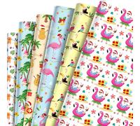 HOWAF 12 Sheets Summer Christmas Wrapping Paper, Tropical Christmas July Gift Wrapping Paper, Beach Santa Party Favors Gift Decor Hawaiian Flamingo Wrap Papers with Palm Tree Snowman
