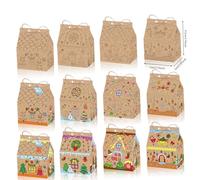 HOWAF 12pcs Christmas Coloring Goodie Boxes, Color Your Own Gingerbread House Boxes for Christmas Party Kids Crafts, Xmas Gingerbread Drawing Paper Cardstock Box, Kraft Color, with Pens