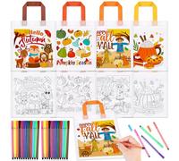 HOWAF 12pcs Colour Your Own Autumn Bags, DIY Graffiti Hello Autumn Gift Bags, Non-Woven Fall Maple Leaves Pumpkins Party Bags Autumn Crafts for Kids Coloring Fall Decor Thanksgiving Decorations
