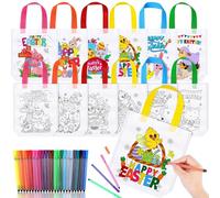 HOWAF 12PCS Colour Your Own Bag Easter Bags & Coloring Pens, Colouring Easter Gift Bags DIY Graffiti Party Bag Non-Woven Egg Hunt Bunny Tote Bag for Crafts Gifts, A