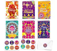 HOWAF 12pcs Happy Diwali Cards, Diwali Diyas Greeting Cards Diwali Gifts for Diwali Cards Multipack with Envelopes and Happy Diwali Stickers Diwali Gifts for Family Happy Diwali Decorations Deepavali