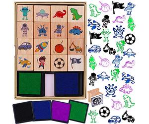 HOWAF 16pcs Wooden Stamps for Kids Boy Crafts with Ink Pad 4pcs, Dinosaur Football Outer Space Pirate Car Stamps for DIY Scrapbook Card Making, Party Bag Fillers Favor for Boys Christmas Birthday Gift