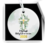 HOWAF 2026 First Holy Communion Gifts for Boys Girls, Ceramic Ornament Keepsake & Gift Box, Religious Hanging Plaque for 1st Holy Communion Gifts for Boys, Girls, Godson, Goddaughter, Green Gold