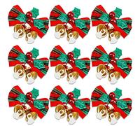 HOWAF 24pcs Christmas Bow with Bells Xmas Wreaths Bows Mini Christmas Tree Bows Decorative Xmas Fabric Hanging Decorations Ornaments New Year Festive, Red Green Gold 5x4cm