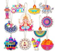 HOWAF 24pcs Happy Diwali Decorations Hanging Decor, Wooden Diwali Diyas Rangoli diwali Decorations for House Hanging Ornaments Rangoli Gifts for Indian decorations Indian Sweets Gift Box