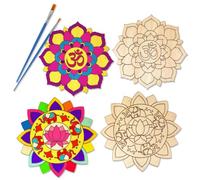 HOWAF 2pcs Diwali Rangoli Mat Kit, Wooden DIY Crafts Make Your Own Rangoli Stencils Decorative Coasters with Paint & Brushes for Happy Diwali Decorations for House Floor Decoration, 20 x 20 cm