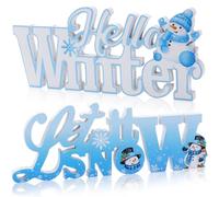 HOWAF 2pcs Wooden Winter Decor Signs, Let It Snow Tabletop Block Sign, Hello Winter Table Centerpiece, Snowflake Snowmen Ornaments for Winters Wonderland Decor Xmas Frozen Tiered Tray Decor