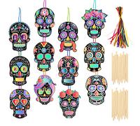 HOWAF 36pcs Halloween Scratch Art for Kids Crafts Gift, Sugar Skull Rainbow Scratch Art Paper for Kids Drawing DIY Tags Decoration Day of The Dead Skull Ornament Halloween Party Bag Fillers