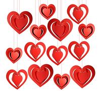 HOWAF 3D Valentine's Day Decorations Romantic Red Heart Hanging Decoration for Wedding Valentines Supplies, 15pcs Heart Ornament for Engagement Anniversary Birthday Decorations, with Red Ribbons