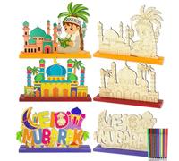 HOWAF 3pcs Eid Mubarak Decorations Wooden Table Centerpiece Paint Your Own Eid Decorations for Home with 12 Paint Pens, Table Centre Piece Wooden Ornaments Tabletop Decor Centerpiece Ramadan Decor