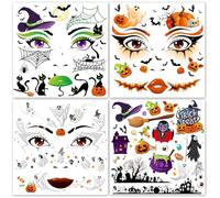 HOWAF 4 PCS Halloween Face Tattoos, Pumpkin, Witch, Ghost, Spider, Bat Temporary Tattoos Stickers for Pumpkin Costume, Halloween Costume Women Men, B
