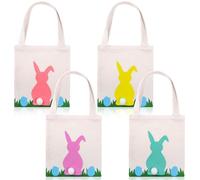 HOWAF 4pcs Easter Gift Bags, Reusable Canvas Easter Bags for Sweets with Handle, Gift Bag with Pom-Pom Bunny Tail, Rabbit Treat Sweet Gifts Wrap for Kids Spring Holiday Party Supplies, B