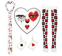 HOWAF 4pcs Halloween Queen Costume- 1 Pair Poker Earrings 1 Pair Red Heard High Stocking 1 Black Heart Tie 1 Queen of Heart Face Gem for Women Halloween Wonderland Costume Fancy Dress Up