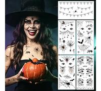 HOWAF 5 Sheets Halloween Spider Web Temporary Face Tattoos, Black Spider Bat Face Stickers, Scary Halloween Cosplay Makeup Decorations for Party Costume Accessories, Set A