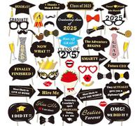 HOWAF 50pcs Graduation Photo Booth Props Class of 2025 Glasses Moustache Mask Red Lips Bow Ties On Sticks for Grad Party Decorations, Graduation Party Favors Supplies