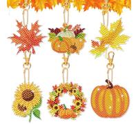 HOWAF 6 Autumn Diamond Painting Art Kits for Adults Kids, Autumn Leaves Diamond Art Keyrings Kits Maple Leaves Pumpkin Acrylic Hanging diamond painting Gift for Fall Thanksgiving autumn Decorations