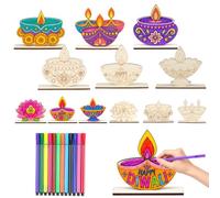HOWAF 6 PCS Diwali Arts and Crafts Wooden Table Centerpiece to Colour Your Own, DIY Happy Diwali Decorations for House Table Centre Piece Diyas Rangoli Wooden Ornaments Tabletop Decor Centerpiece