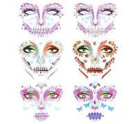 HOWAF 6 PCS Halloween Face Stickers Jewels, Halloween Face Gems Stick on Skull Butterfly Festival face Gems for Women Festival gems for halloween Costumes Women Men Kids Carnival Cosplay Makeup, C