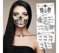 HOWAF 6 PCS Skeleton Face Tattoo, Skeleton Face, Hand, Snake Collarbone, Skull Halloween Temporary Tattoos, Day Of The Dead Face Tattoo for Halloween Costume, Day Of The Dead Costume