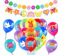 HOWAF 60s 70s Hippie Theme Party Decorations Balloons, Retro Groovy Party Balloons, Hippy Boho Peace Sign Flower Power Banner Bunting for 60s 70s Hippie Accessories