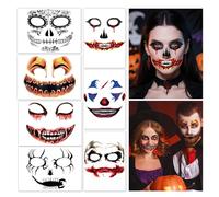 HOWAF 7 Halloween Face Tattoo Stickers, Creepy Halloween Tattoos for Adults Temporary Tattoos halloween Face Stickers for Women Man Day of The Dead Clown Skeleton Face Tattoo Cosplay Costumes Makeup