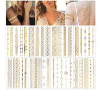 HOWAF 8 Sheets Gold Tattoos Temporary Metallic Tattoos, Gold Temporary Tattoos Paper Mandala Lace Festival Tattoo Stickers Flash Fake Tattoo Kit Waterproof Temporary Tattoos for Women Girls Body Art