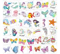 HOWAF 80pcs Temporary Tattoos for Kids, Mermaid/Butterfly/Unicorn Tattoos for Kid, Friendly Fake Waterproof Tattoo Sticker for Childrens, Girls, Boys, Birthday Party Decorations Favors Supplies