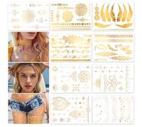 HOWAF 9 Sheets Gold Tattoos Temporary Metallic Flash Gold Temporary Tattoos for Women Girls Mandala Flower Lace Glitter Fake tattoos Festival Tattoo Stickers Waterproof Face Stickers Body Art