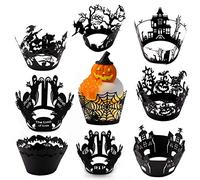 HOWAF 9 Style Halloween Cupcake Decorations Muffin Cupcake Wrappers Cases Laser Cut Include Bat Ghost Spider Web Witches Castle Pumpkin Tombstones for Halloween Mexican Birthday Party Supplies 36pcs
