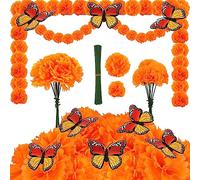 HOWAF Artificial Marigold Flowers for Day of The Dead Party Decorations, Fake Marigold Flowers 3D Butterfly Stickers for Diwali, Halloween, Day of The Dead, Dia De Los Muertos Decorations, A