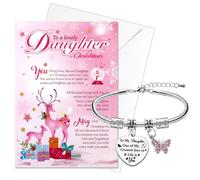 HOWAF Daughter Christmas Card Bracelet Set, Christmas Gifts for Daughter Pink Xmas Gifts Cards Heart Bracelet, Xmas Holiday Greeting Cards for Girls from Dad Mom