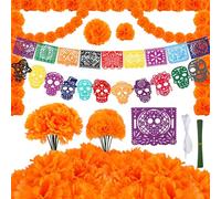 HOWAF Day of The Dead Banner Felt Mexican Banner, Artificial Marigold Flowers Decoration for Diwali, Halloween, Dia De Los Muertos, Day of The Dead Decorations, B