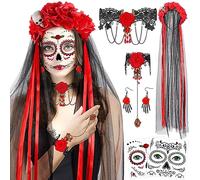 HOWAF Day Of The Dead Headband Veil Rose Floral Crown Mexican Headband, Halloween Face Tattoos Day of The Dead Tattoo Necklace Bracelet Earrings for Dia De Los Muertos Halloween Costume Women, E