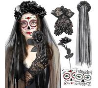 HOWAF Day Of The Dead Headband Veil Rose Floral Crown Mexican Headband, Halloween Face Tattoos Day of The Dead Tattoo Lace Gloves Rose for Dia De Los Muertos Halloween Costume Costume Accessory, F