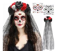 HOWAF Day Of The Dead Headband Veil Rose Floral Crown Mexican Headband, Halloween Face Tattoos Day Of The Dead Face Tattoo for Dia De Los Muertos Costume, Halloween Costume Women, A