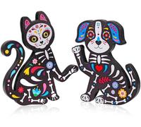 HOWAF Day of The Dead Skeleton Cat and Dog Figurines Table Decorations Dia De Los Muertos Gifts Wooden Black Cat and Dog Sign Skull Dog Cat Table Topper for Alter Halloween Home Office Desk Mantle
