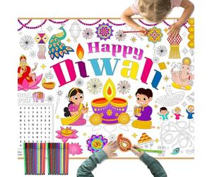 HOWAF Diwali Crafts Diwali Rangoli Giant Colouring Poster for Kids, Diyas Rangoli Coloring Books Ganesha Table Cloth Colouring Paper+colouring pen for Happy diwali Decorations for House Gift for Kids