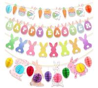 HOWAF Easter Decorations Home, Happy Easter Banner Bunting Egg Banner Rabbit Bunny Garland Honeycomb for Hanging Spring Decorations